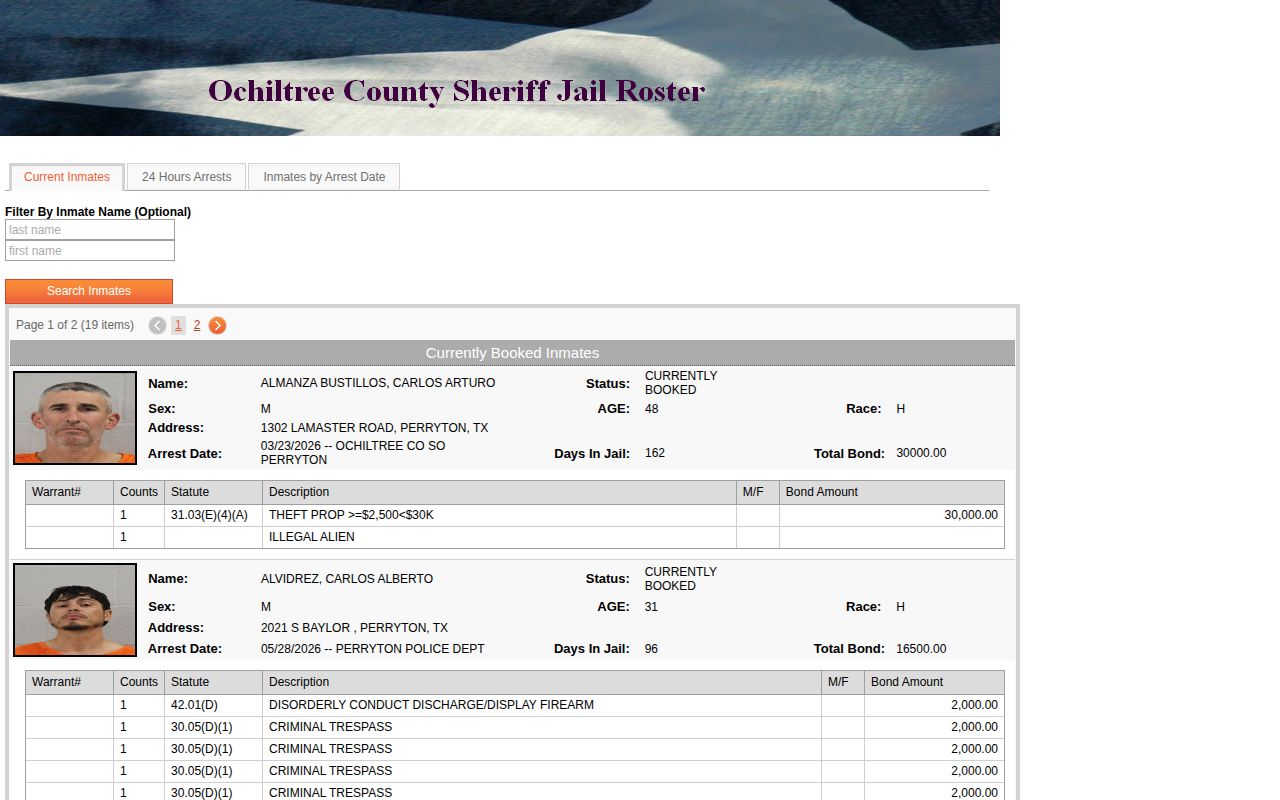 Ochiltree County current booking roster official search interface