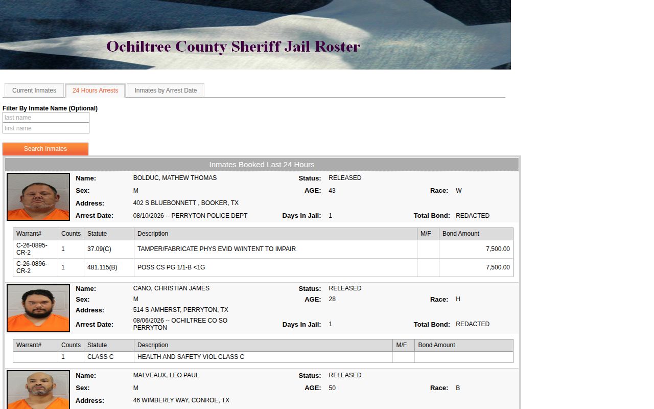 Ochiltree County official last 24 hours booking record view